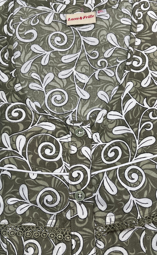 Pista Green Garden Soft Cotton Nighty. Soft Breathable Fabric | Laces and Frills