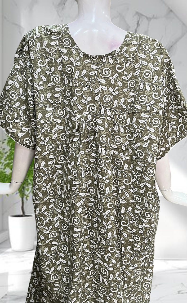 Pista Green Garden Soft Cotton Nighty. Soft Breathable Fabric | Laces and Frills