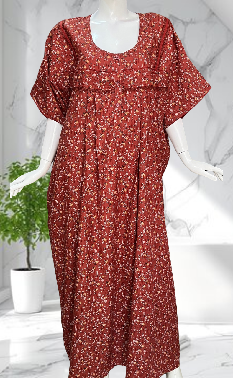 Rust Maroon Garden Soft Cotton Nighty. Soft Breathable Fabric | Laces and Frills