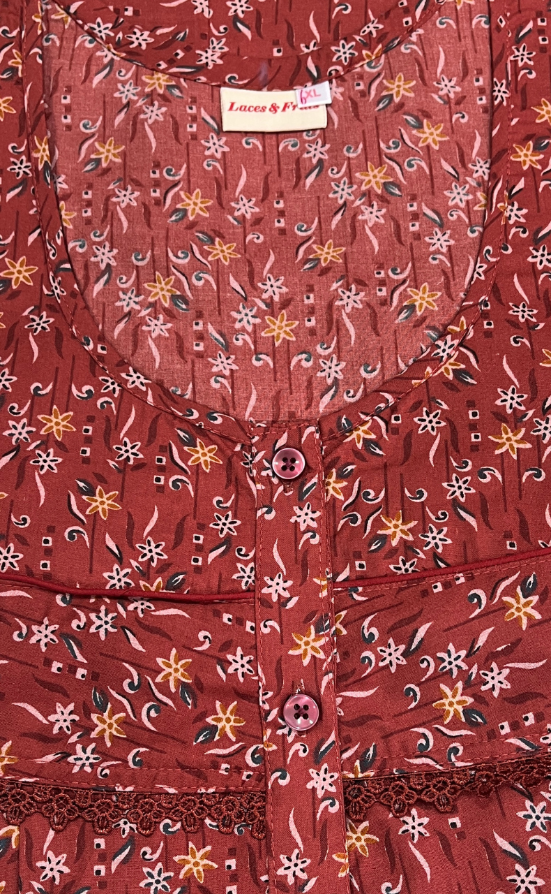 Rust Maroon Garden Soft Cotton Nighty. Soft Breathable Fabric | Laces and Frills