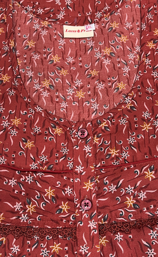 Rust Maroon Garden Soft Cotton Nighty. Soft Breathable Fabric | Laces and Frills