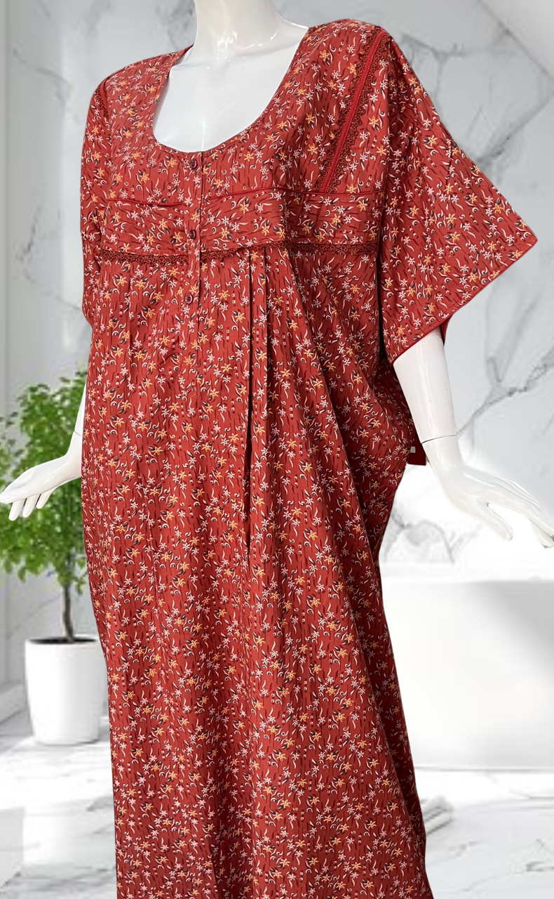 Rust Maroon Garden Soft Cotton Nighty. Soft Breathable Fabric | Laces and Frills