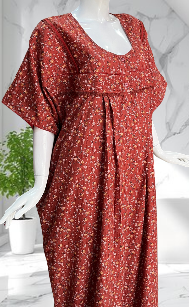 Rust Maroon Garden Soft Cotton Nighty. Soft Breathable Fabric | Laces and Frills