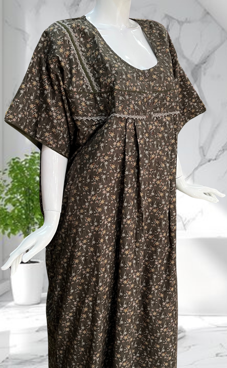Grey/Brown Garden Soft Cotton Nighty. Soft Breathable Fabric | Laces and Frills