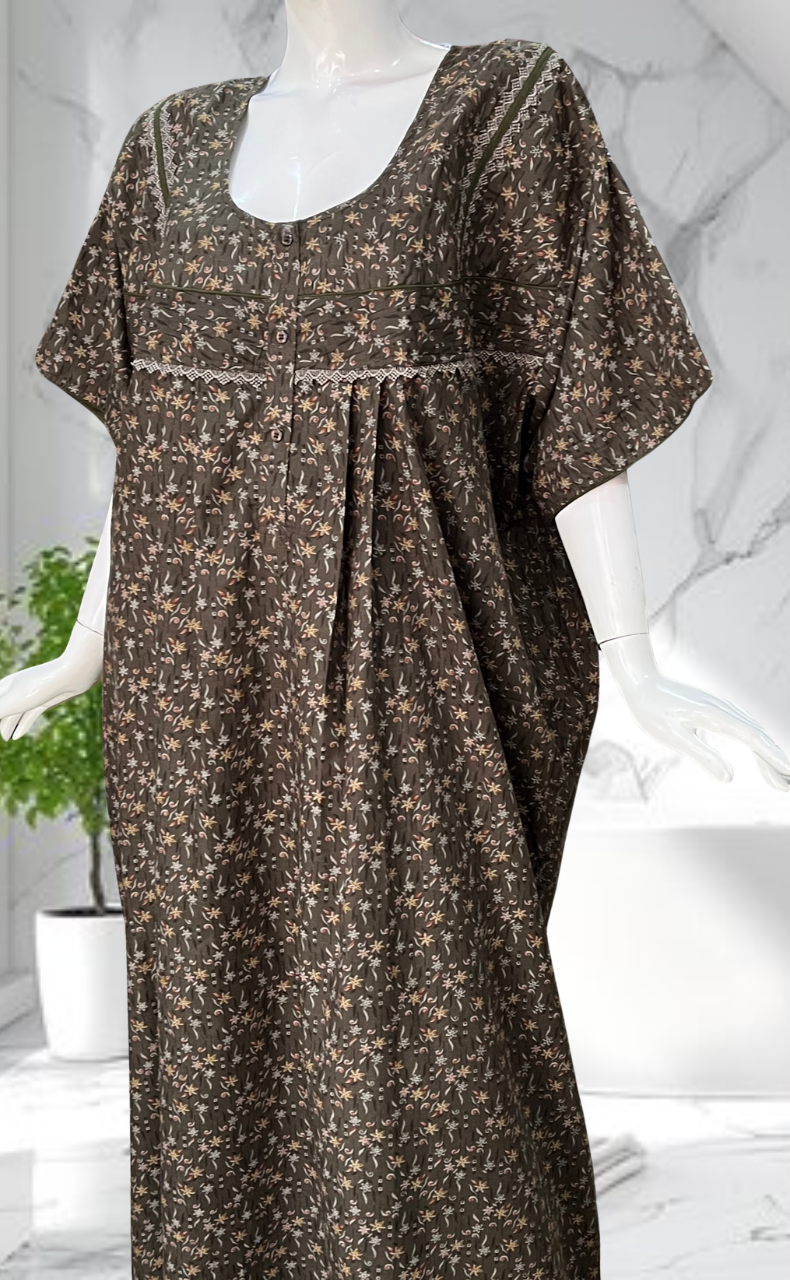 Grey/Brown Garden Soft Cotton Nighty. Soft Breathable Fabric | Laces and Frills