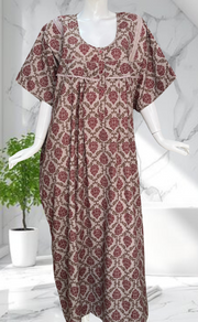 Grey/Maroon Garden Soft Cotton Nighty. Soft Breathable Fabric | Laces and Frills