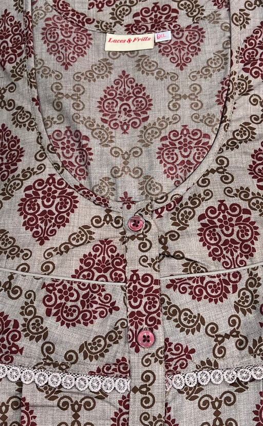 Grey/Maroon Garden Soft Cotton Nighty. Soft Breathable Fabric | Laces and Frills