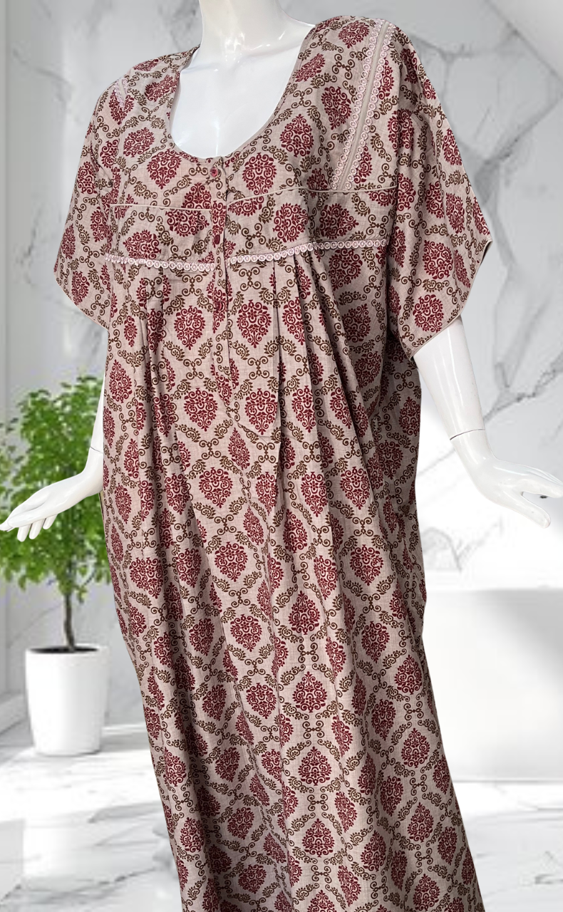 Grey/Maroon Garden Soft Cotton Nighty. Soft Breathable Fabric | Laces and Frills