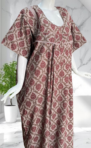 Grey/Maroon Garden Soft Cotton Nighty. Soft Breathable Fabric | Laces and Frills