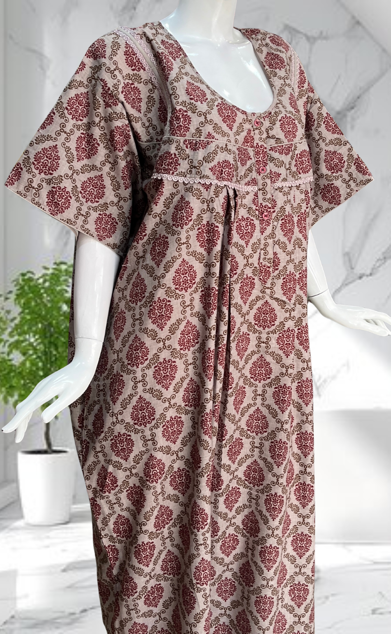 Grey/Maroon Garden Soft Cotton Nighty. Soft Breathable Fabric | Laces and Frills