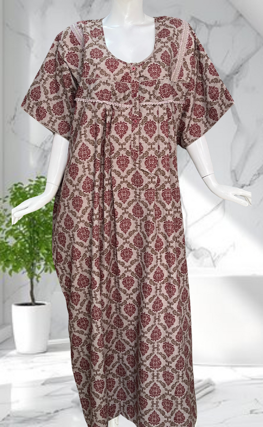 Grey/Maroon Garden Soft Cotton Nighty. Soft Breathable Fabric | Laces and Frills