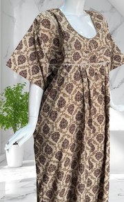Beige/Brown Garden Soft Cotton Nighty. Soft Breathable Fabric | Laces and Frills