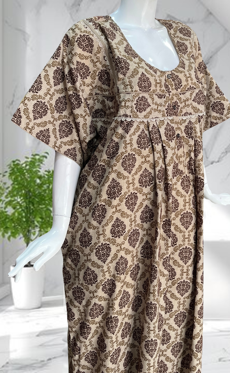 Beige/Brown Garden Soft Cotton Nighty. Soft Breathable Fabric | Laces and Frills