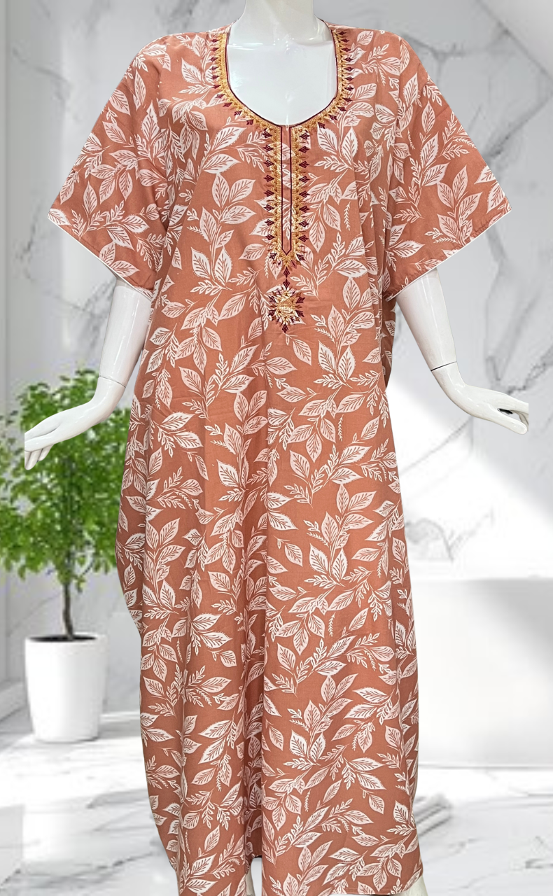 Peach Leafy Soft Cotton Nighty. Soft Breathable Fabric | Laces and Frills