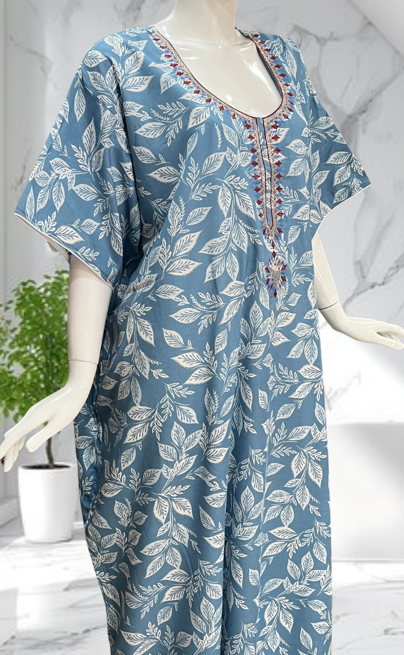 Blue Leafy Soft Cotton Nighty. Soft Breathable Fabric | Laces and Frills