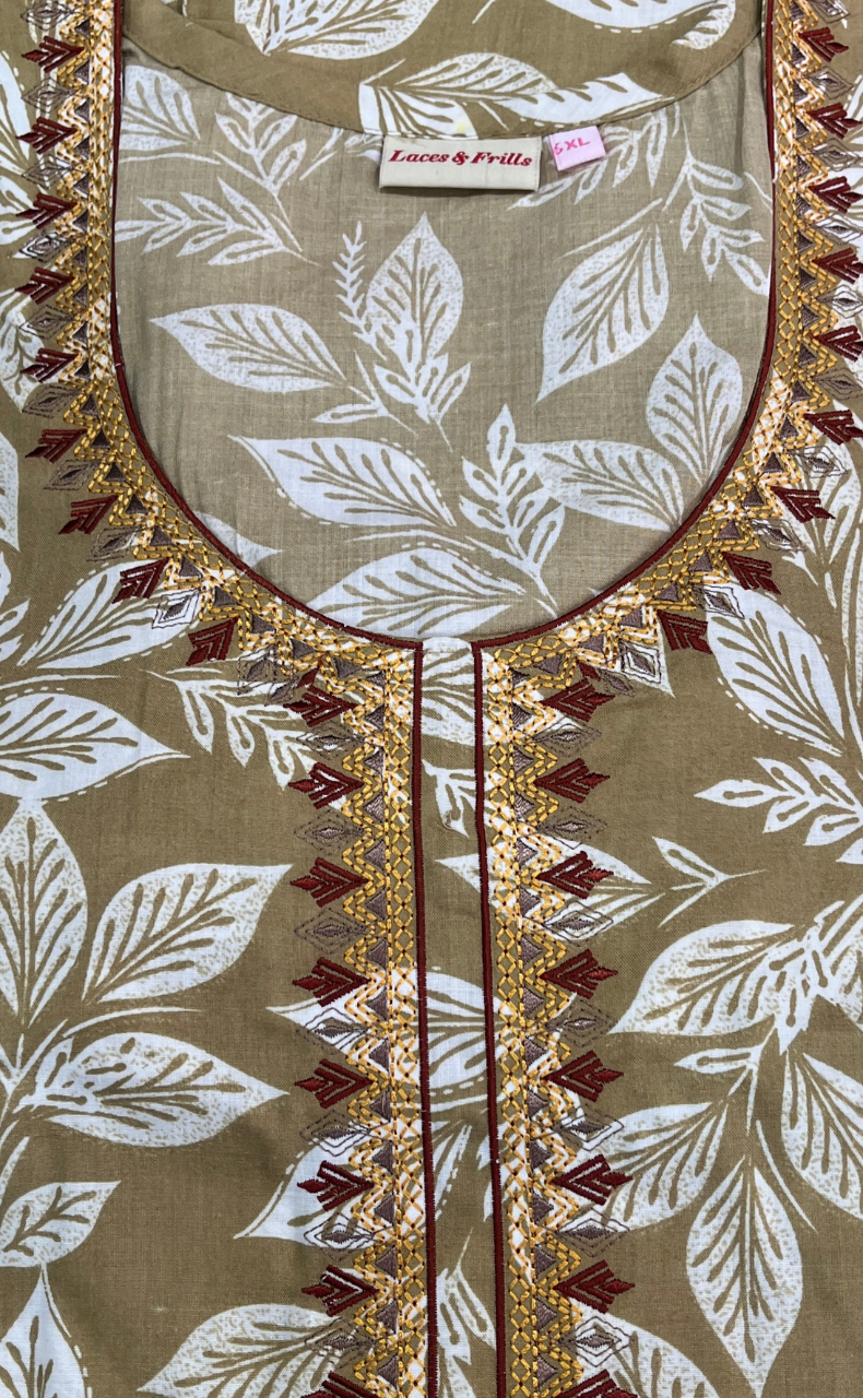 Beige Leafy Soft Cotton Nighty. Soft Breathable Fabric | Laces and Frills