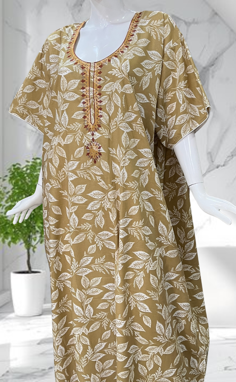 Beige Leafy Soft Cotton Nighty. Soft Breathable Fabric | Laces and Frills
