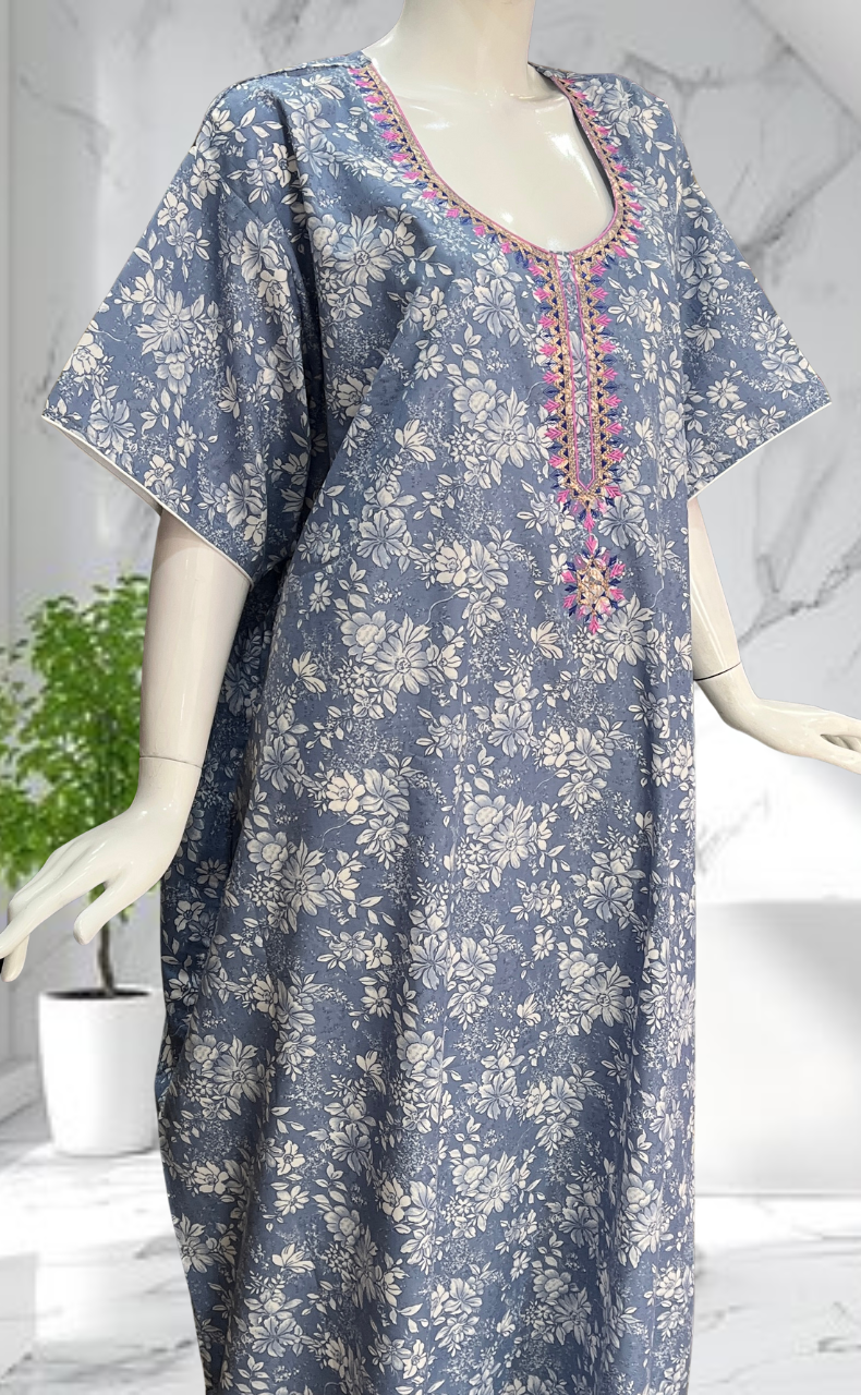Light Blue Garden Soft Cotton Nighty. Soft Breathable Fabric | Laces and Frills