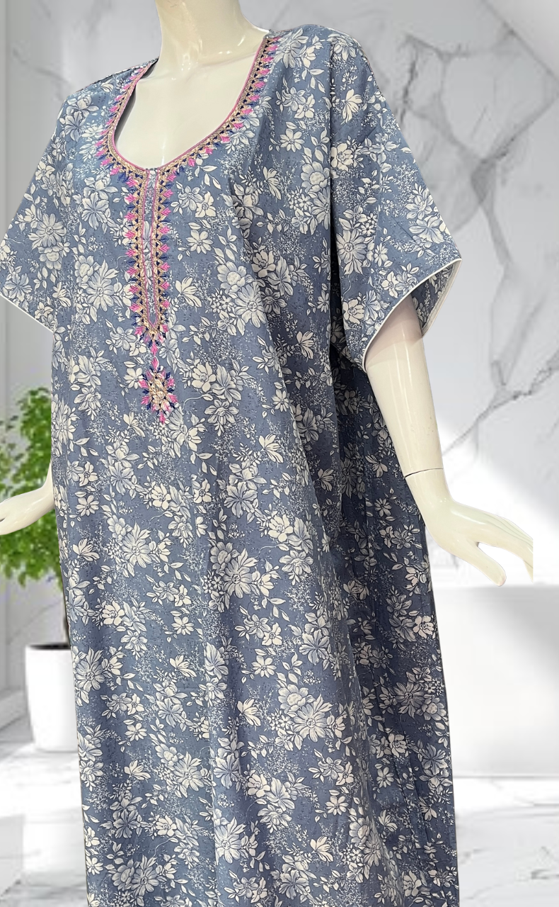 Light Blue Garden Soft Cotton Nighty. Soft Breathable Fabric | Laces and Frills