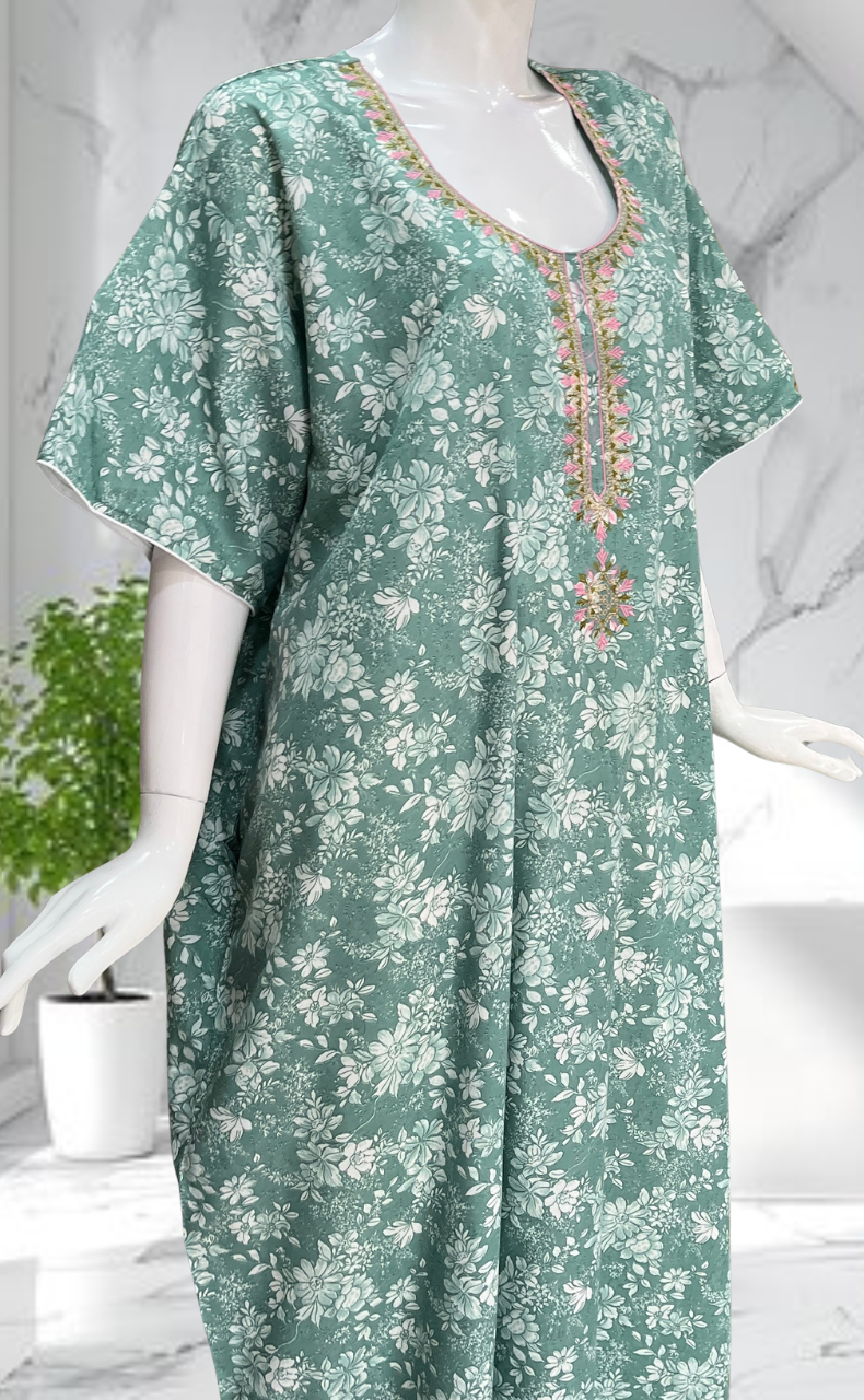 Green Garden Soft Cotton Nighty. Soft Breathable Fabric | Laces and Frills