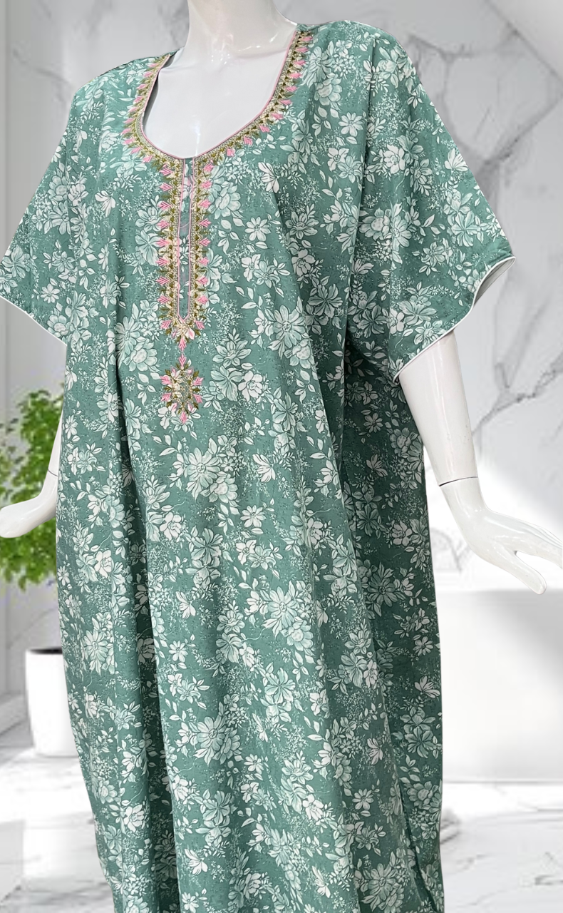 Green Garden Soft Cotton Nighty. Soft Breathable Fabric | Laces and Frills