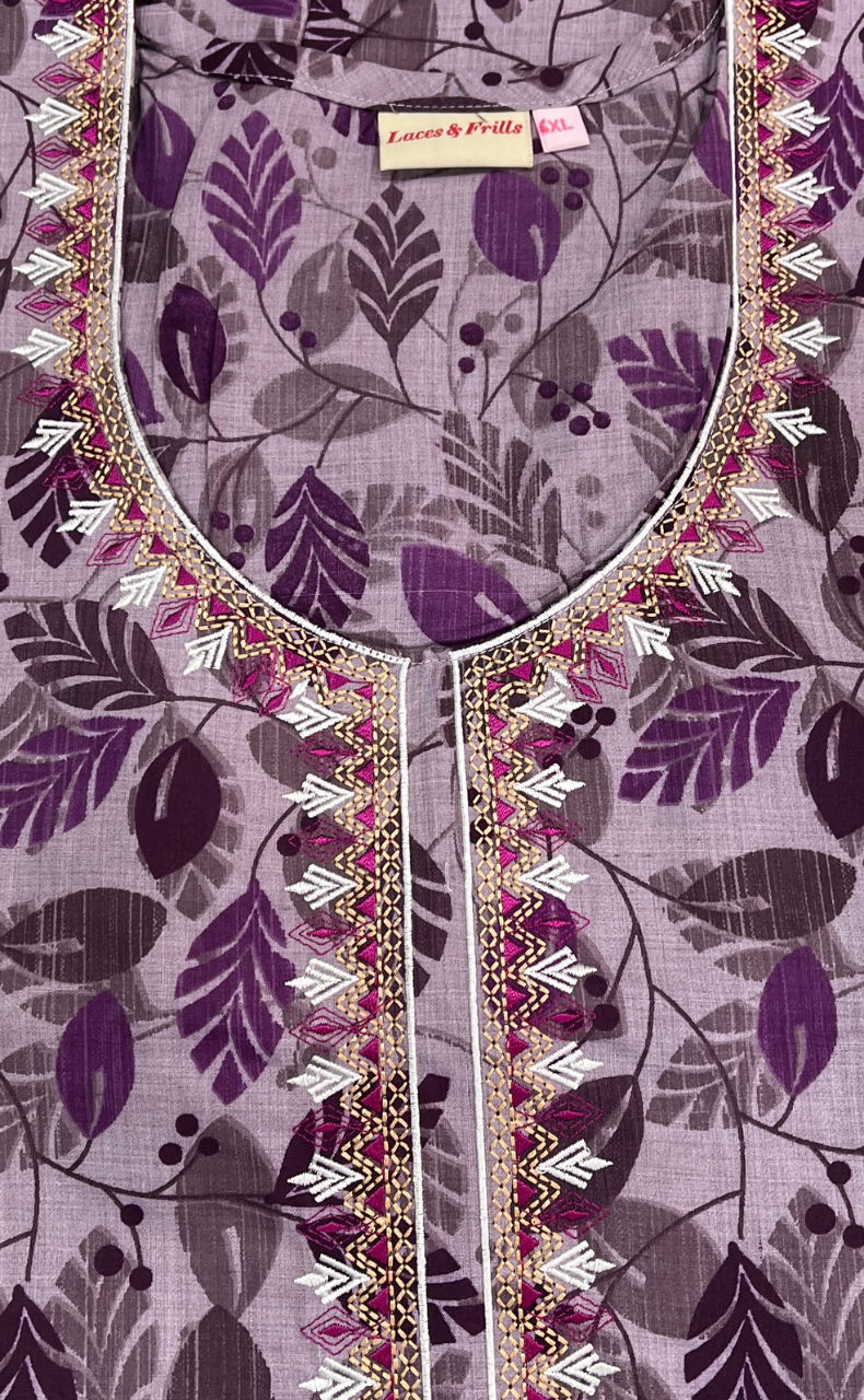 Lavender Leafy Soft Cotton Nighty. Soft Breathable Fabric | Laces and Frills