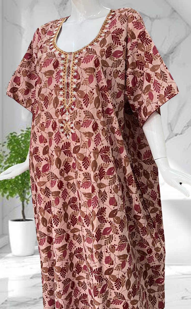 Peach Leafy Soft Cotton Nighty. Soft Breathable Fabric | Laces and Frills