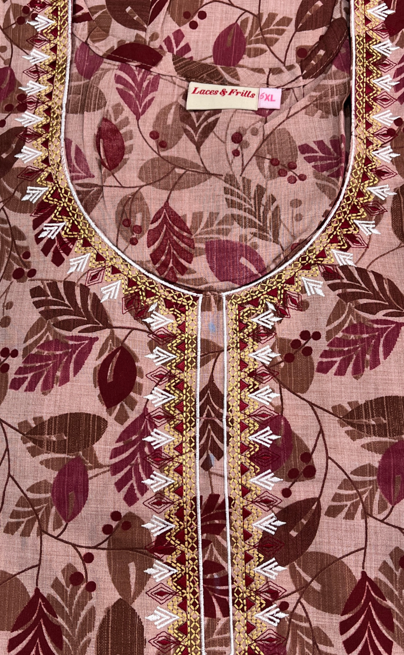 Peach Leafy Soft Cotton Nighty. Soft Breathable Fabric | Laces and Frills