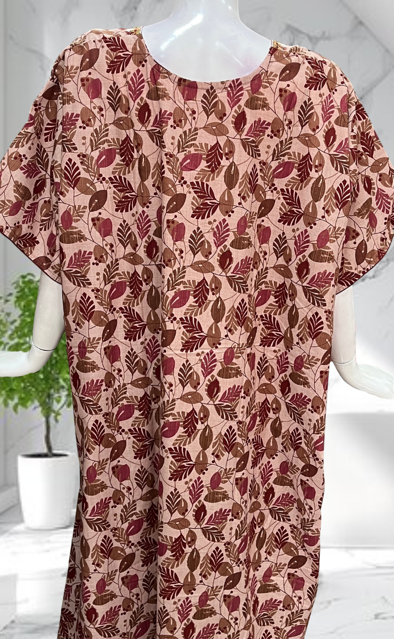 Peach Leafy Soft Cotton Nighty. Soft Breathable Fabric | Laces and Frills