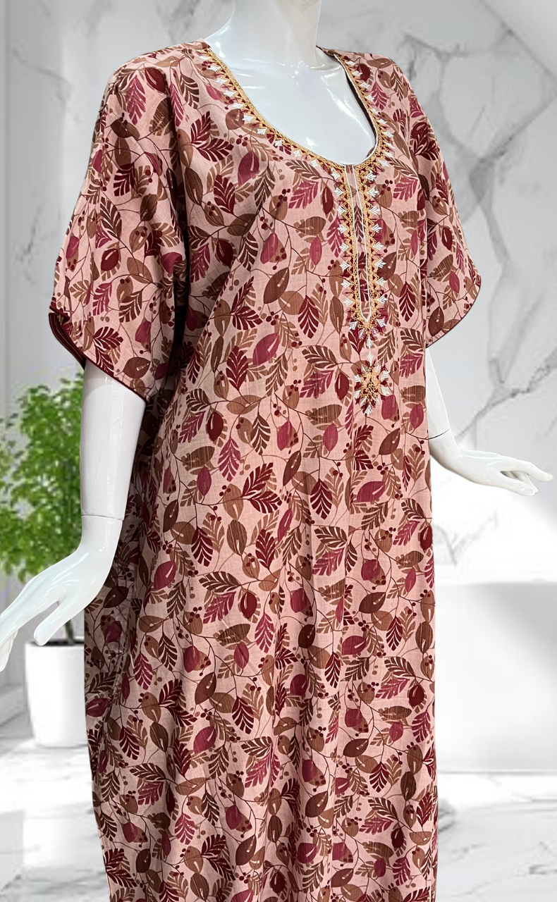 Peach Leafy Soft Cotton Nighty. Soft Breathable Fabric | Laces and Frills