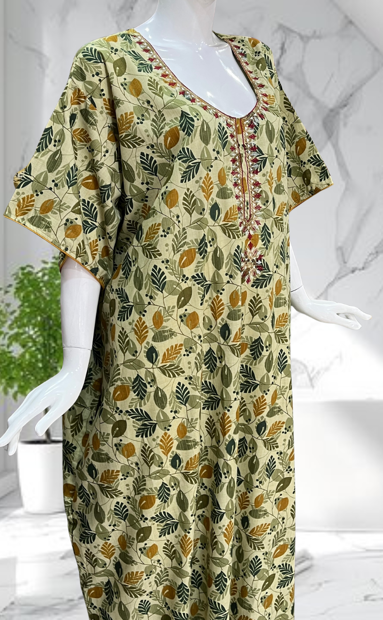 Olive Green Leafy Soft Cotton Nighty. Soft Breathable Fabric | Laces and Frills