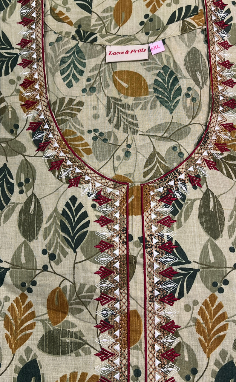 Olive Green Leafy Soft Cotton Nighty. Soft Breathable Fabric | Laces and Frills