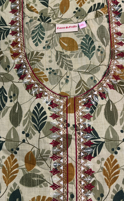 Olive Green Leafy Soft Cotton Nighty. Soft Breathable Fabric | Laces and Frills