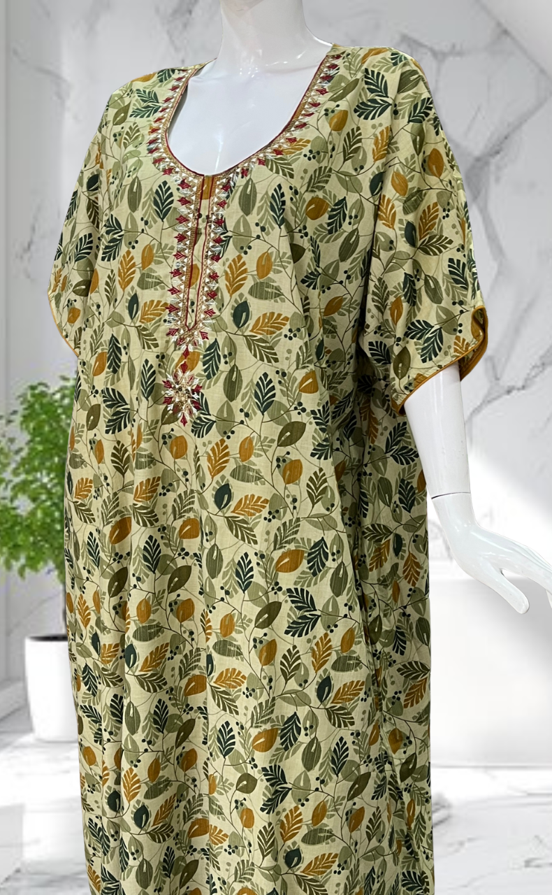 Olive Green Leafy Soft Cotton Nighty. Soft Breathable Fabric | Laces and Frills