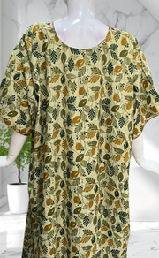 Olive Green Leafy Soft Cotton Nighty. Soft Breathable Fabric | Laces and Frills