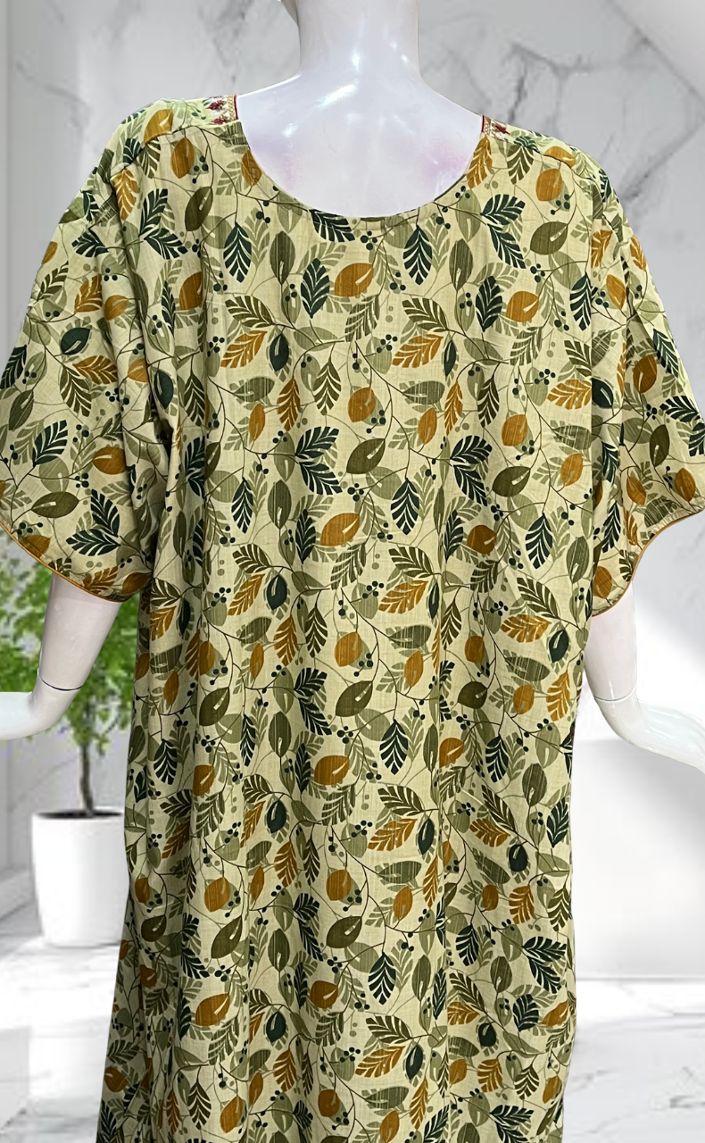 Olive Green Leafy Soft Cotton Nighty. Soft Breathable Fabric | Laces and Frills