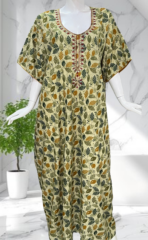 Olive Green Leafy Soft Cotton Nighty. Soft Breathable Fabric | Laces and Frills