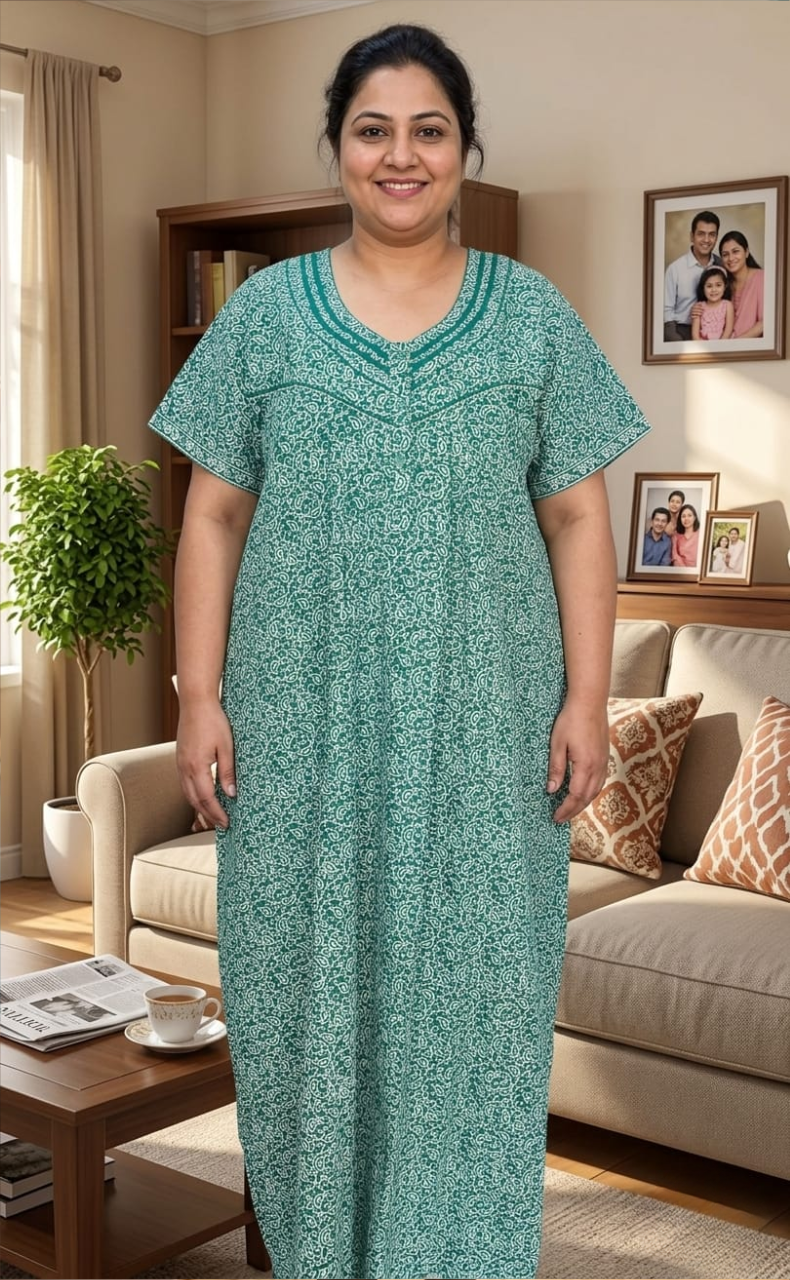 Sea Green Garden Pure Cotton Nighty. Pure Durable Cotton | Laces and Frills