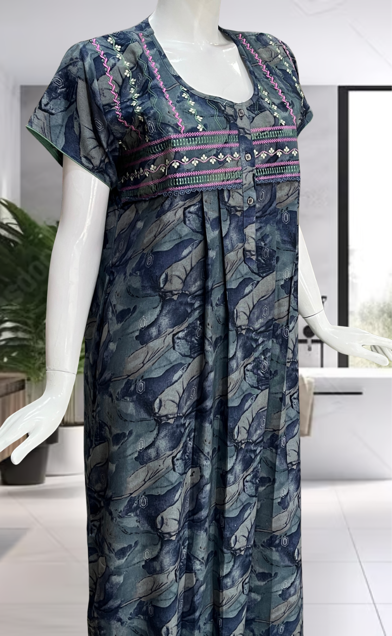 Blue Abstract Spun Nighty. Flowy Spun Fabric | Laces and Frills