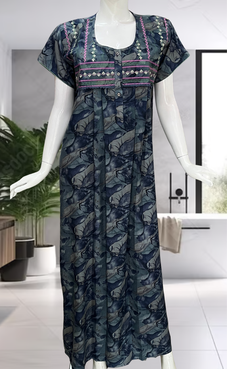 Blue Abstract Spun Nighty. Flowy Spun Fabric | Laces and Frills