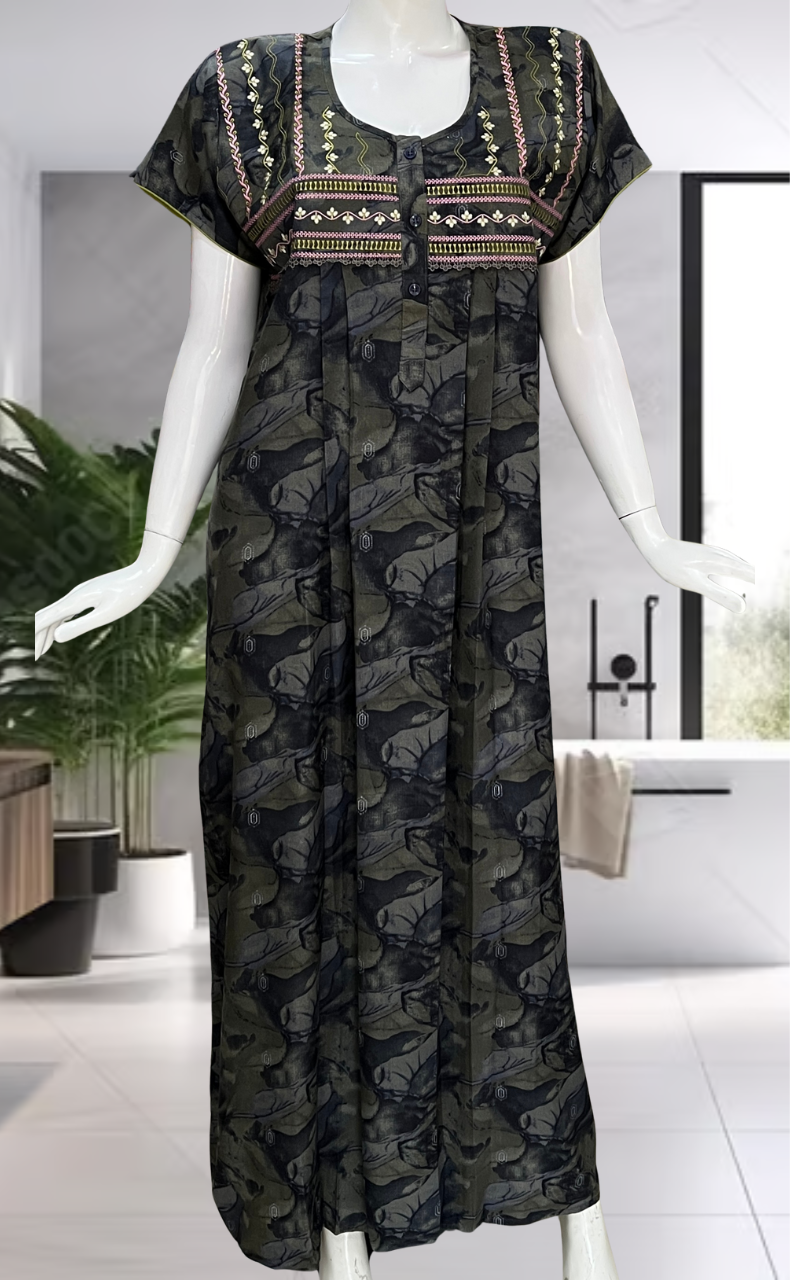 Green Abstract Spun Nighty. Flowy Spun Fabric | Laces and Frills