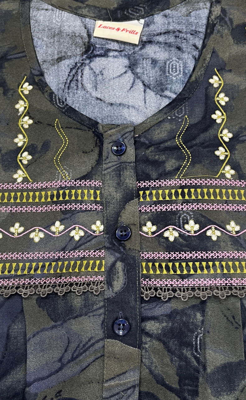 Green Abstract Spun Nighty. Flowy Spun Fabric | Laces and Frills