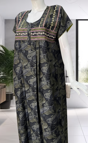 Green Abstract Spun Nighty. Flowy Spun Fabric | Laces and Frills