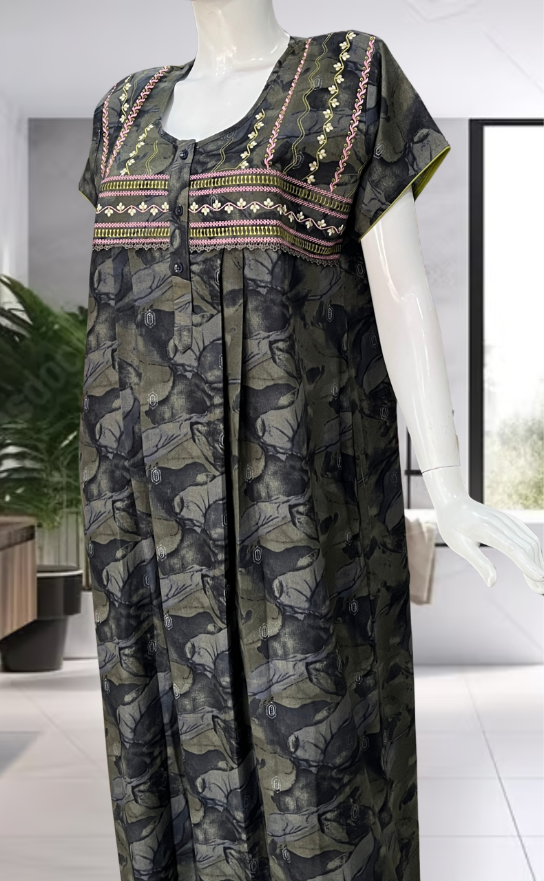 Green Abstract Spun Nighty. Flowy Spun Fabric | Laces and Frills