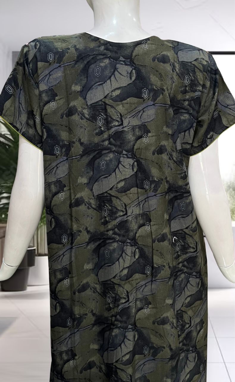 Green Abstract Spun Nighty. Flowy Spun Fabric | Laces and Frills