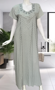 Light Green Dots Crushed Soft Cotton Nighty. Soft Breathable Fabric | Laces and Frills