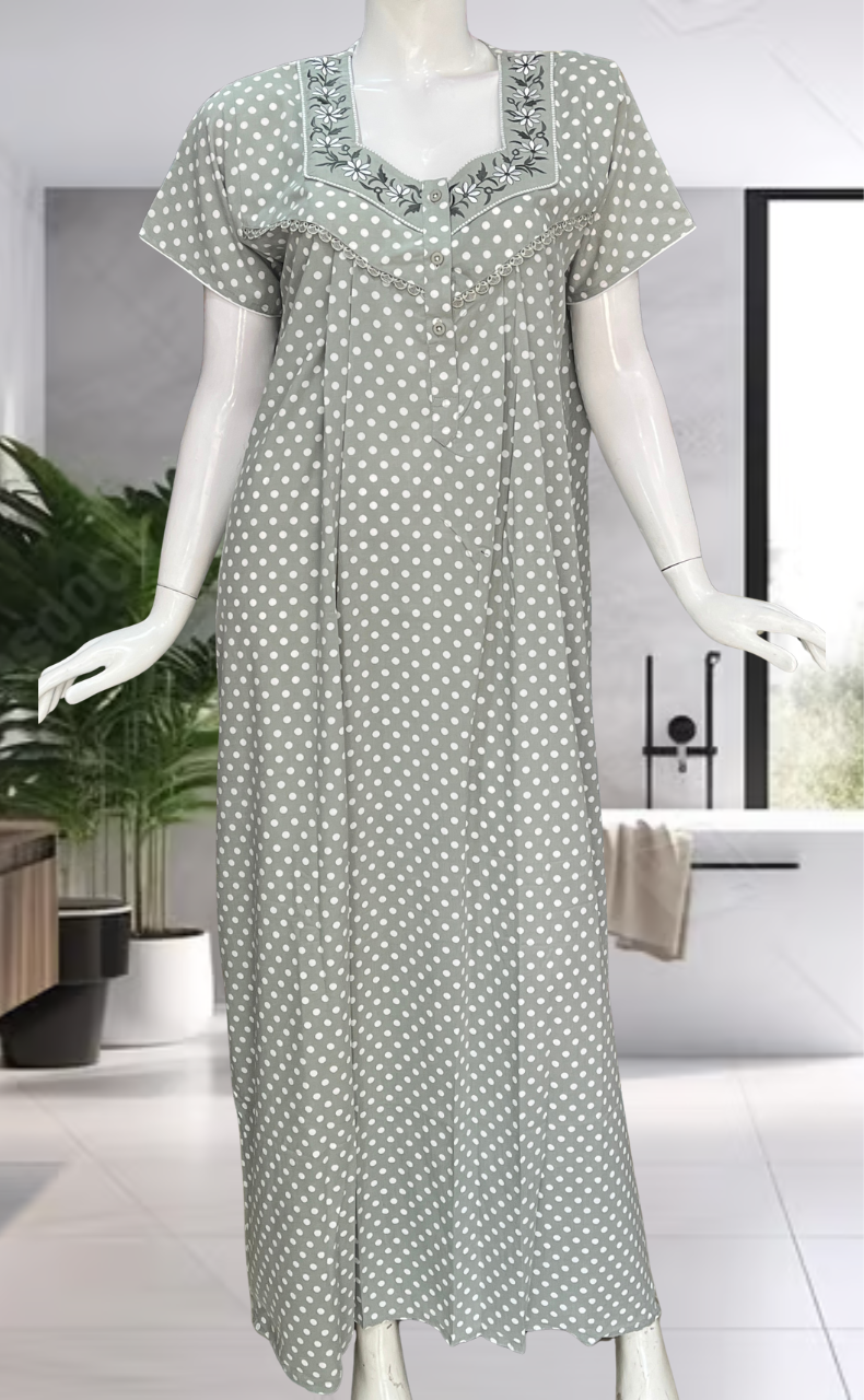 Light Green Dots Crushed Soft Cotton Nighty. Soft Breathable Fabric | Laces and Frills