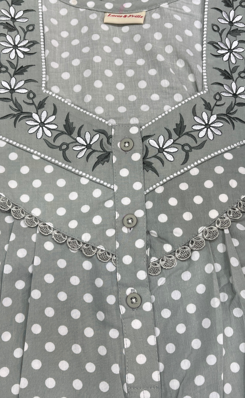 Light Green Dots Crushed Soft Cotton Nighty. Soft Breathable Fabric | Laces and Frills