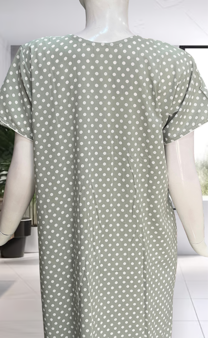 Light Green Dots Crushed Soft Cotton Nighty. Soft Breathable Fabric | Laces and Frills