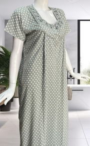 Light Green Dots Crushed Soft Cotton Nighty. Soft Breathable Fabric | Laces and Frills